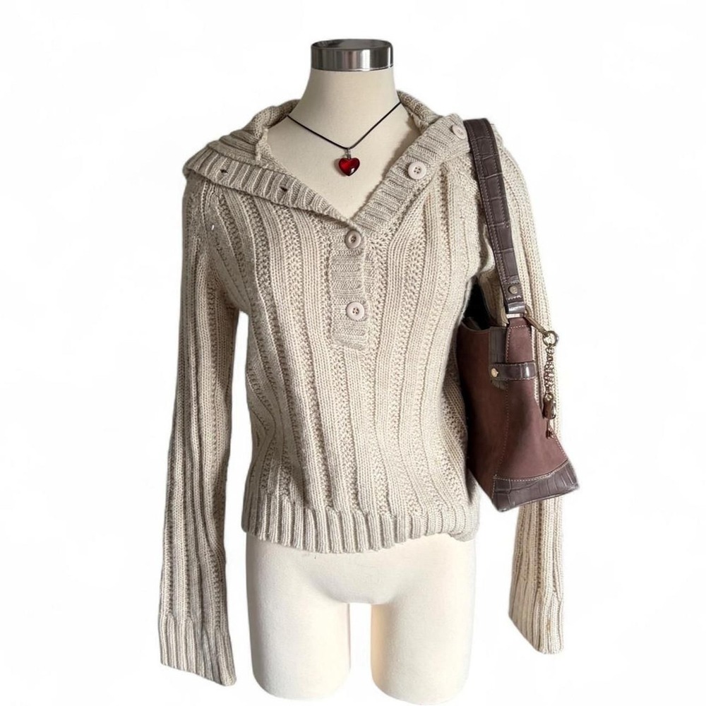 Vanity Y2K Cream Acrylic Cable Knit Hooded Sweater Large Henley Button Ribbed